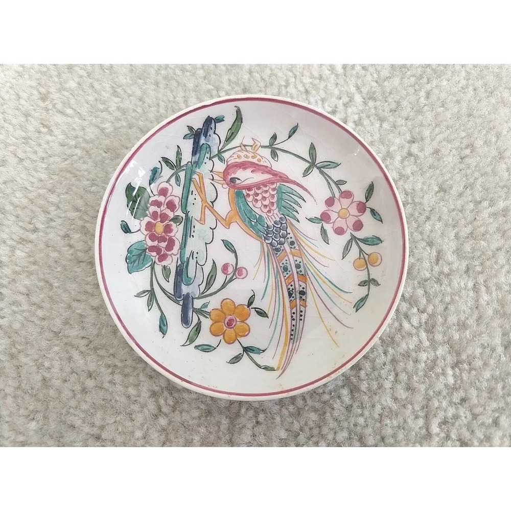 Gimbels Hand Painted Plate Pheasant Bird Flowers Portugal Vintage Small 3.75"